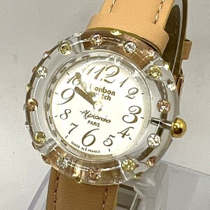 動作品 電池交換済 bonbon watch ボンボンウォッチ リング セット 革ベルト ピンクベージュ 腕時計 レディース フランス製 TJ3101