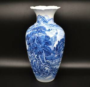 ★有田焼★緒方松右衛門　染付　山水　風景　花瓶　花器　高さ約46cm　直径約24cm　重量約4.5kg