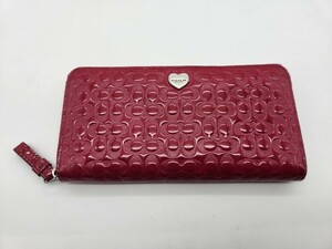 COACH コーチ 長財布 エナメル RED 総柄 レディース ラウンドファスナー 小銭入れ有り