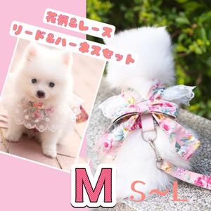 M　犬服 レース&花柄　フラワー　ハーネス　リード　お揃い　お散歩　犬　猫