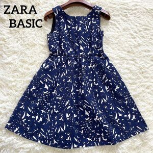 ZARA BASIC 花柄 袖なし Aラインワンピース ひざ丈 白×紺 S M