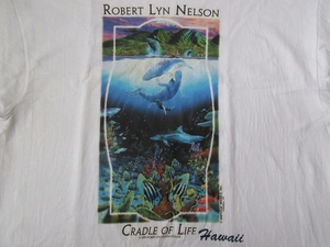 90's ロバート リン ネルソン Cradle of Life Tシャツ L 白 Robert Lyn Nelson マリン アート 海 ダイビング 魚 ART 芸術 現代美術 美術館