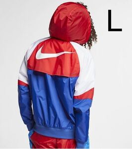 NIKE ウィンドランナー フーデッド ブルー ホワイト L ナイキ ナイロンジャケット ルーズフィット 青 赤 白 AR2210-438