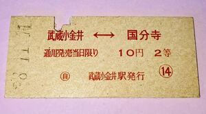 国鉄 硬券 矢印式乗車券　武蔵小金井←→国分寺2等10円　昭和38年11月11日 武蔵小金井駅発行