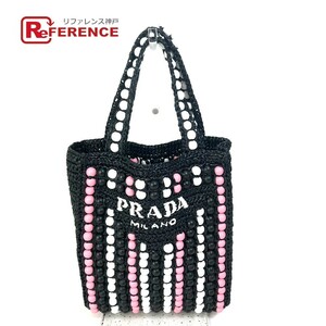 美品 PRADA プラダ 1BG425 ラフィア ウッドビーズ カバン ハンドバッグ トートバッグ ブラック×ピンク×ホワイト レディース【中古】