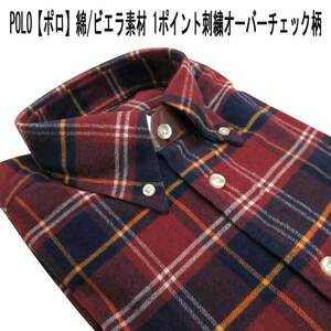 POLO 綿1P刺繍BDシャツ ビエラ/チェック柄 赤×紺ベース L