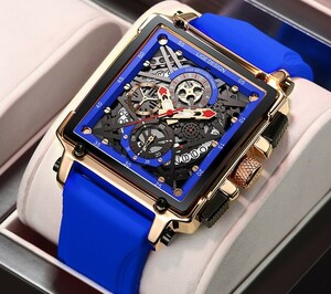 新品未使用★日本未入荷★LlGE高級メンズ腕時計 クロノグラフ 青 スケルトン バーバリー カシオ ディーゼル D&G タグホイヤー ファンに人気