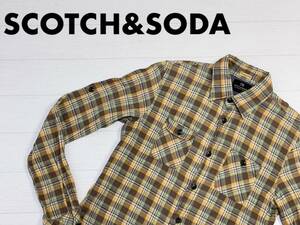 ☆送料無料☆ SCOTCH&SODA スコッチアンドソーダ 古着 長袖 チェック ダブルポケット シャツ マチ付 メンズ S ブラウン トップス 中古 即決