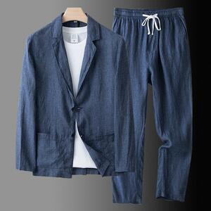  suit top and bottom set setup men's tailored jacket tapered pants 2 point set cotton flax manner slacks formal navy M~4XL