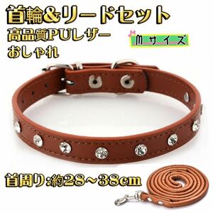  small size dog medium sized dog necklace gem design necklace . Lead set soft stylish walk PU leather Brown tea color M size 