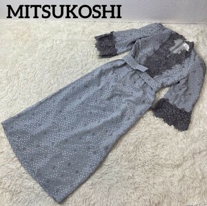 MITSUKOSHI L相当花柄レースワンピース 刺繍ドット柄 グレー シルク100% 商品番号A96