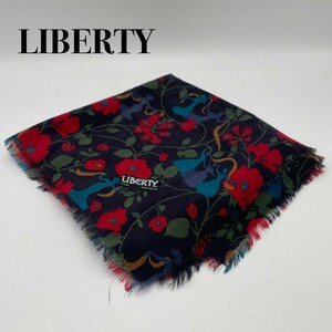 LIBERTY リバティ 花柄 ショール 大判ストール ネイビー レッド ウール イギリス製 商品番号A131