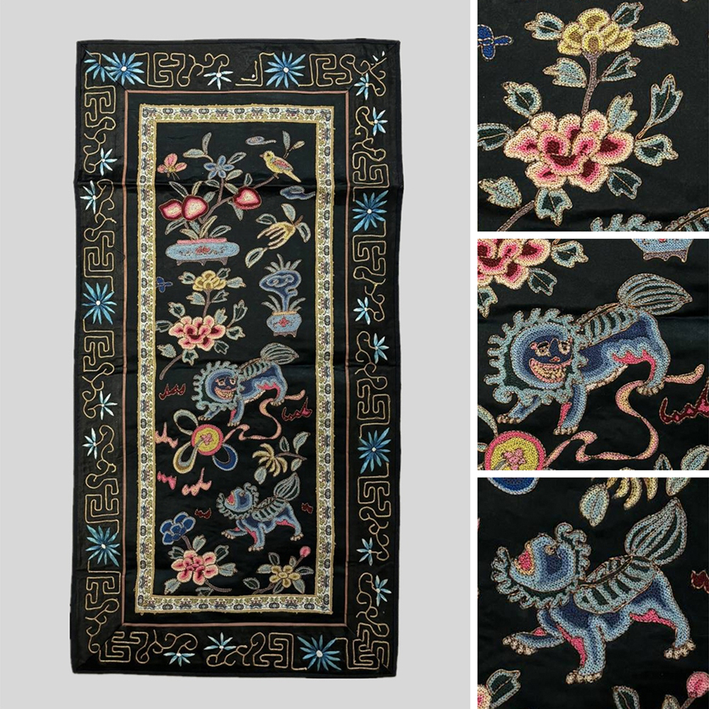 中国美術】 ☆ 織繍 石青色緞地桃花紋繍片 ☆ 清朝期 花卉 刺繍文様 雅
