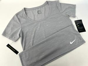 新品■NIKE ナイキ レディース ドライフィット 半袖シャツ S グレー スポーツ ランニング ジム ヨガ