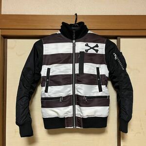 希少 VANSON ボーダー ライダース ジャケット 白黒 ツートン ポリエステル 革ラベル 中古JACKET MA-1 バンソン ハーレー アメリカン 囚人