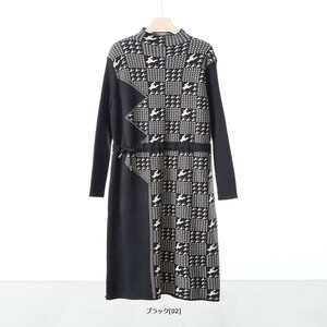 新品☆M〜L 千鳥柄 ニット ワンピース レディース チュニック 長袖 きれいめ オシャレ 暖かい 冬/ブラック/メール便可/11725091-234