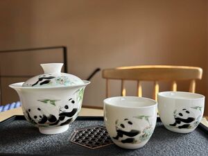 中国茶器　蓋碗　女性ぴったり　可愛いパンダ3点セット　大特価