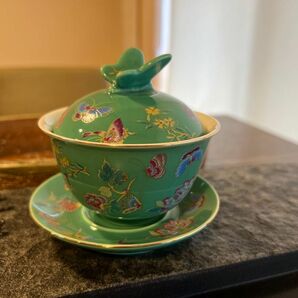 中国茶器　蓋碗　女性ぴったり　蝶恋花　緑