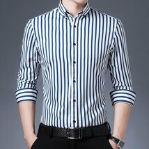 P021-2XL新品DCKMANY■縦縞 長袖シャツ メンズ ノーアイロン 形態安定 ストライプ ビジネス ワイシャツ シルクのような質感/ブルー_画像2