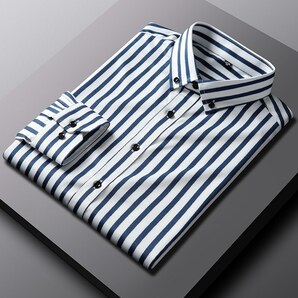 P021-M新品DCKMANY■縦縞 長袖シャツ メンズ ノーアイロン 形態安定 ストライプ ビジネス ワイシャツ シルクのような質感/ブルーの画像1