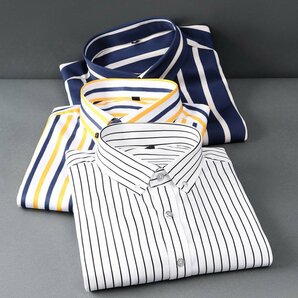 P021-M新品DCKMANY■縦縞 長袖シャツ メンズ ノーアイロン 形態安定 ストライプ ビジネス ワイシャツ シルクのような質感/ブルーの画像4