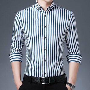 P021-M新品DCKMANY■縦縞 長袖シャツ メンズ ノーアイロン 形態安定 ストライプ ビジネス ワイシャツ シルクのような質感/ブルーの画像2