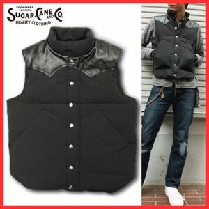 ★定番★ SUGAR CANE シュガーケーン LEATHER YOKE DOWN VEST 牛革 レザーヨーク 切替 ナイロン ダウン ベスト ジャケット S 黒 TOYO 東洋