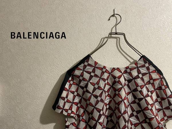 ◯ イタリア製 BALENCIAGA ジオメトリック パターン シルク カットソー / バレンシアガ Tシャツ フレンチスリーブ 36 Ladies #Sirchive