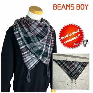 【BEAMS BOY美品☆送料込み即決価格!!】巻き方いろいろ♪♪ ビームスボーイ 男女兼用 チェック柄 ウール100% 日本製 フリンジ付きストール