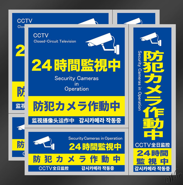 ◆4カ国語対応◆ 防犯ステッカー 2式 計6枚 ボックス型カメラ 日本語 英語 中国語 韓国語 耐光性 防水 安心 安全 セキュリティ ブルー