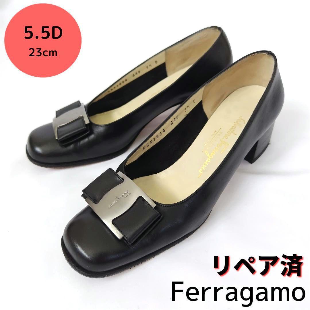 小さいサイズ 良品フェラガモ【Ferragamo】ロゴ パンプス 21 5 茶