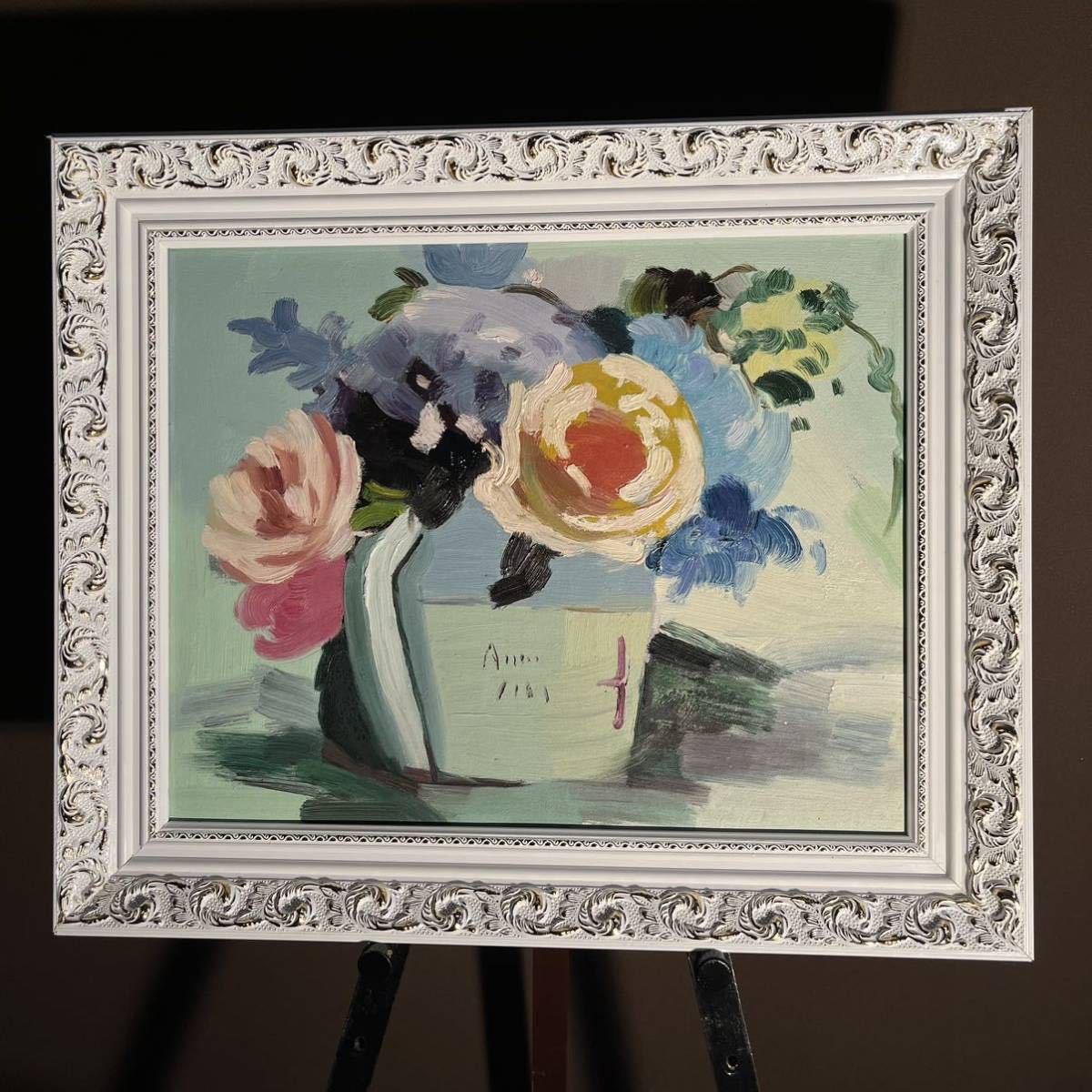 Handgemaltes Ölgemälde von Blumen in einer Vase, gerahmtes Gemälde für die Inneneinrichtung, Malerei, Ölgemälde, Stillleben