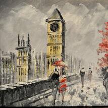 手書き油絵 ロンドンの風景 ビッグベン絵画 額付き インテリア 油彩画_画像3