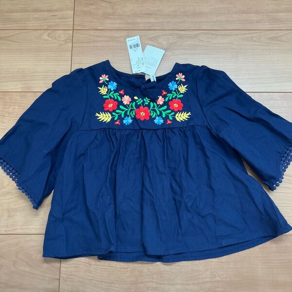 【グローバルワーク】 花柄刺繍 チュニック Lサイズ ネイビー