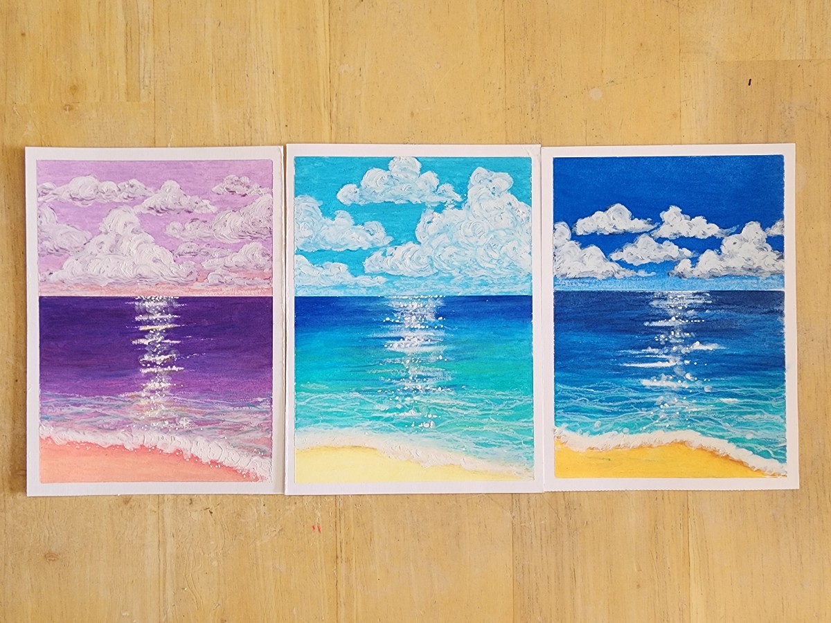 パステル画 海の絵, 美術品, 絵画, パステル画, クレヨン画