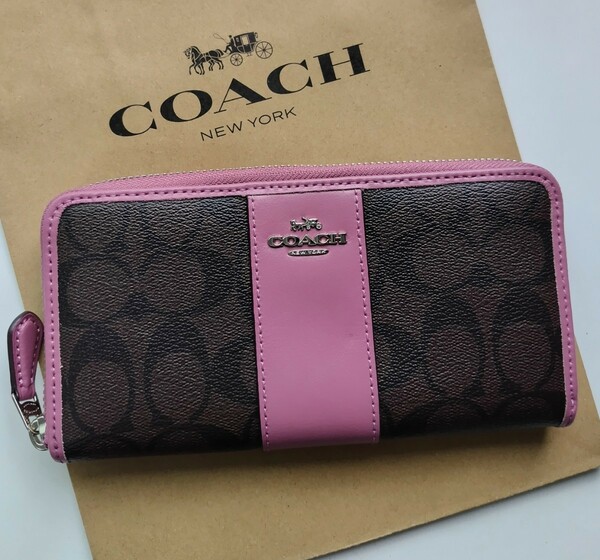 【新品】COACH コーチ 長財布 シグネチャー ブラウン　ピンク