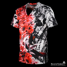 9#bv08-re BLACK VARIA ボタニカル 葉柄 花柄 プレミアム Vネック 半袖Tシャツ メンズ(レッド赤) L 日本製 吸水速乾＆2wayストレッチ_画像2