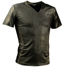9#193213-gobk BLACK VARIA ピンストライプ ラメ ストレッチ 半袖 Vネック Tシャツ メンズ(ブラック黒・ライン金ゴールド) XL ダンス 舞台_画像1