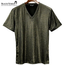 9#193213-gobk BLACK VARIA ピンストライプ ラメ ストレッチ 半袖 Vネック Tシャツ メンズ(ブラック黒・ライン金ゴールド) XL ダンス 舞台_画像7