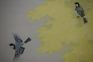 Art hand Auction [版画] / Yoshiki Nonouchi / 鸟类, 花鸟嬉戏 / 枫叶与小鸟 / 石版画 / 附桐木盒 / 布袋屋挂轴 HF-568, 绘画, 日本画, 花鸟, 野生动物