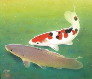 太田龍一『双鯉』◆日本画10号◆落款・共シール有◆大型！日展実力作家！師：西山翠嶂
