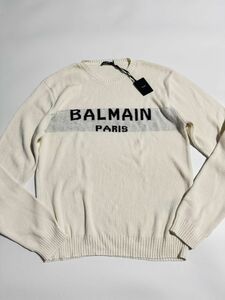 3897】新品14.1万【BALMAIN / バルマン　L（IT/50程度）　秋冬モデル　ピクセルロゴミドルゲージリブニット　クルーネック】オフホワイト