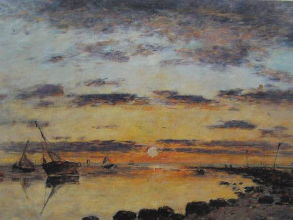 Eugene Boudin, LE HAVRE-LE RIVAGE AU COUCHER DU SOLEIL, Overseas version super rare raisonné, Brand new with frame, postage included, choco, painting, oil painting, Nature, Landscape painting