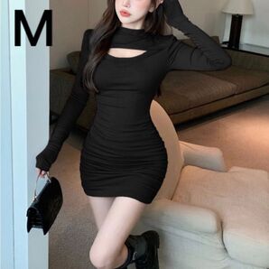 レディース ワンピース ミニ丈 黒 胸開き 長袖 タイト セクシー ストレッチ お姉さん 膝上 ミニワンピース バストカット 伸縮