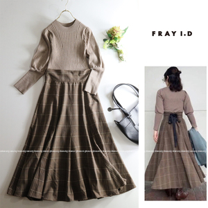 FRAY I.D フレイアイディー★大人可愛い♪後ろリボンリブニット切替えコンビチェックロング丈ワンピース