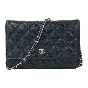 シャネル CHANEL チェーンウォレット AP0250 30番台 ブラック シルバー金具 キャビアスキン ショルダーバッグ レディース 中古