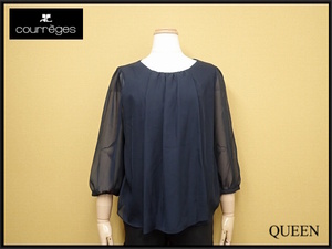  free shipping courreges pull over blouse *38^ Courreges / carrier / sleeve see-through / shirt / navy blue /@B1/23*3*1-22