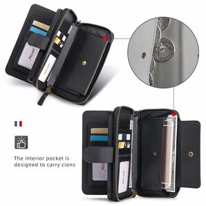 iPhone 13 mini レザーケース アイフォン13 ミニ ケース 手帳型 お財布付き カード収納 財布型 ストラップ付き ブラックの画像7