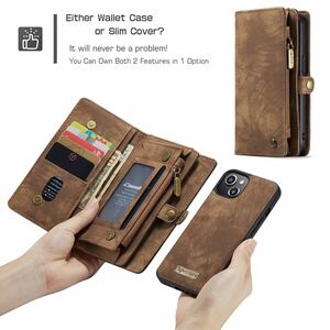 iPhone 13 レザーケース アイフォン13 ケース 手帳型 お財布付き カード収納 財布型 brown