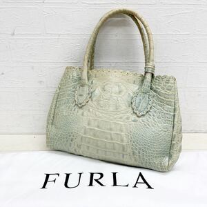 1172◎ FURLA フルラ バッグ 鞄 ハンド クロコ 型押し 中 取り外し 可能 カジュアル ライトグリーン レディース